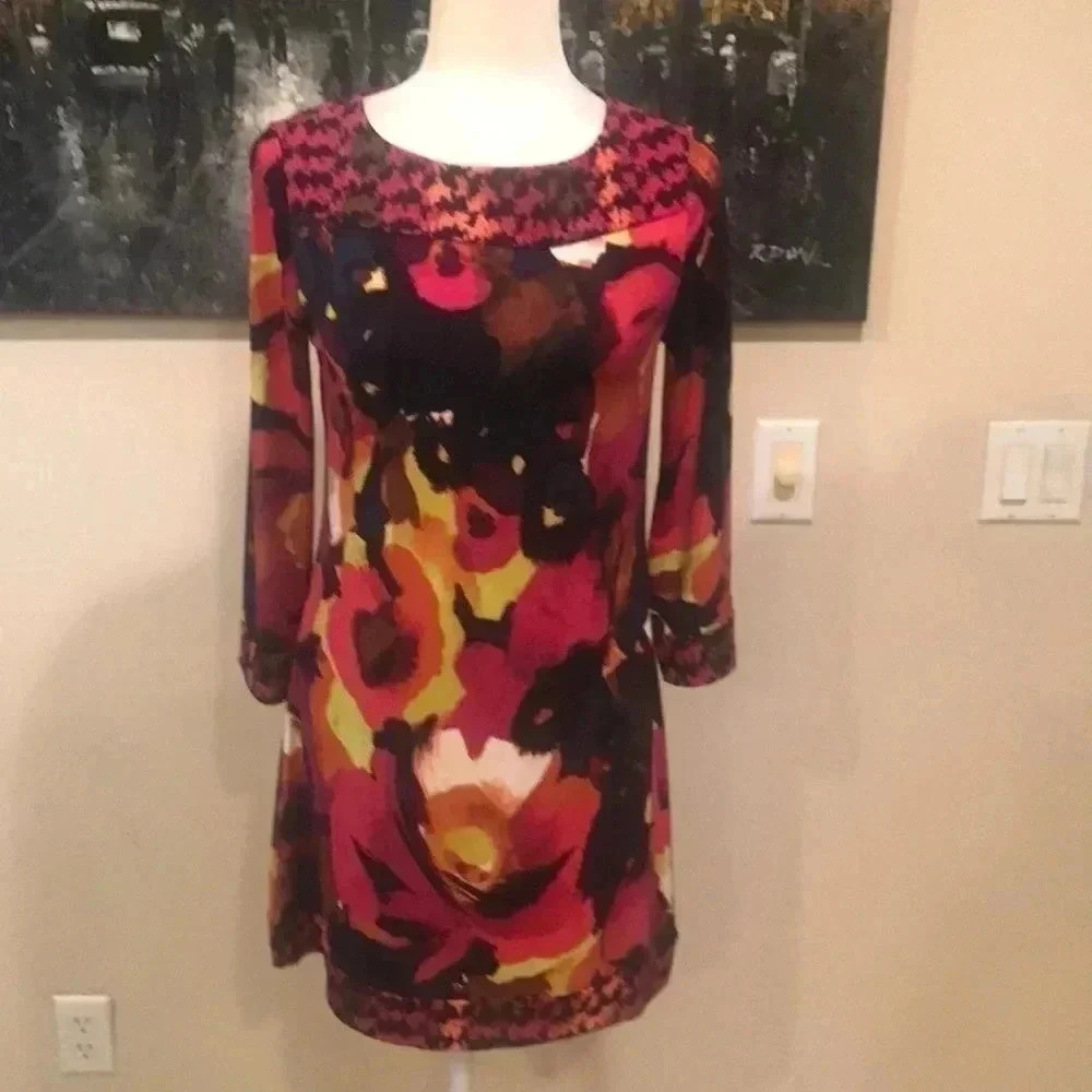 Alfani Floral Multicolor 3/4 Bell Sleeve Mini Dress with Abstract Trim-Size XS